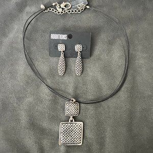 Chico's Silver Weave Necklace Black Cord Chain WITH Matching Earring Set NWT